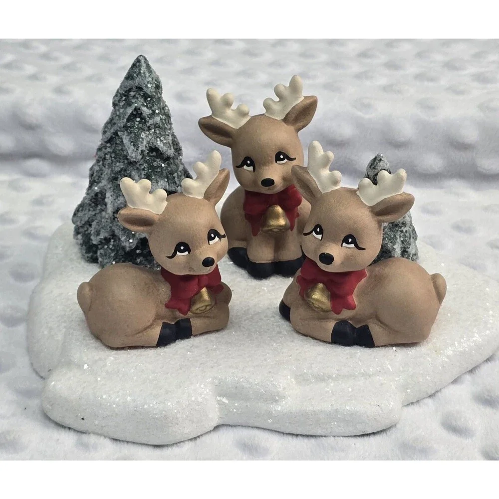 Vintage Christmas Reindeer Ceramic Mold Figurine Hand Painted 1980s Snowy Trees
